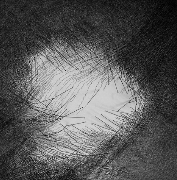 Topographies, 30 x 30 cm, encre gel et épingles, 2016 © Camille Grandval