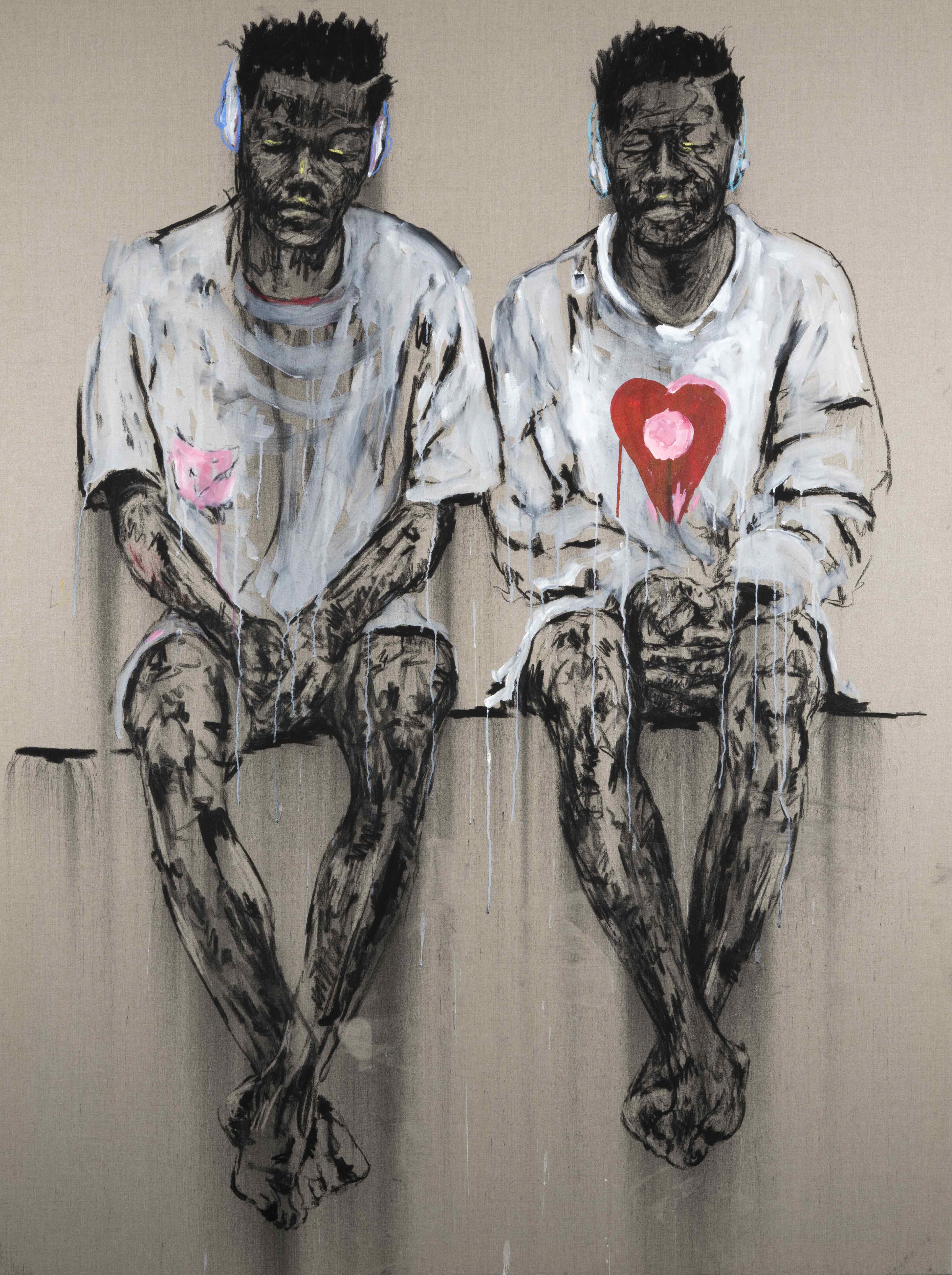 Untitled Fusain, pastel et huile sur toile de lin belge 200 x 150 cm, 2019 ©Andile Buka