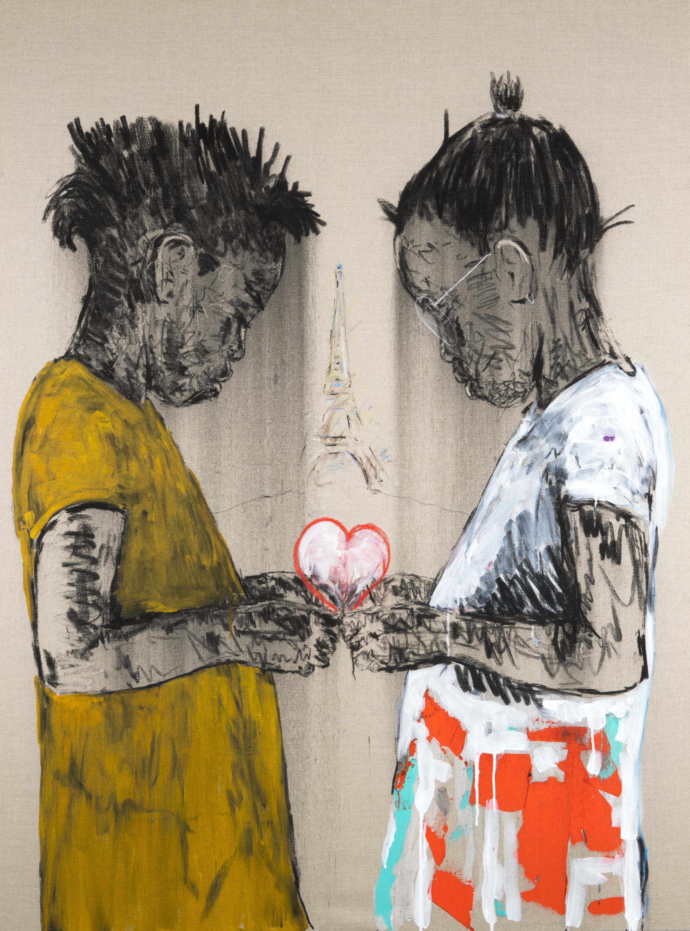 To Paris with Love Fusain, pastel et huile sur toile de lin belge 160 x 120 cm, 2019 ©Andile Buka