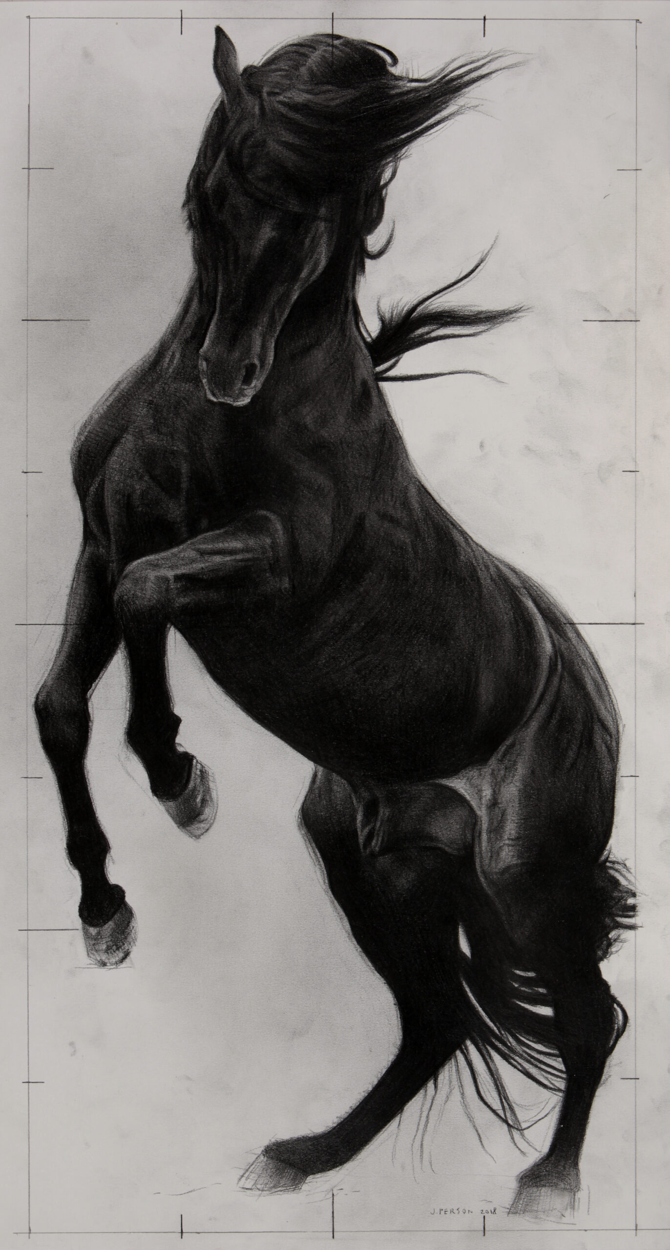 Cheval Dragon 4, 2013, Pierre noire sur papier, 62 x 34 cm