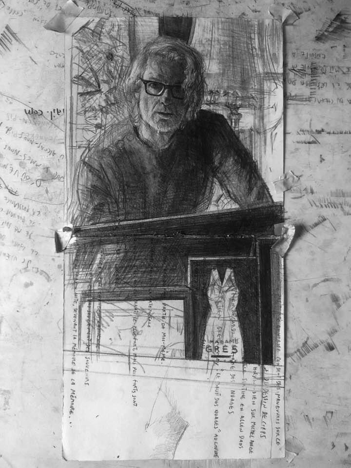 Autoportrait, Série Les Verticales, Pierre noire sur papier, 2020, 60 x 35 cm