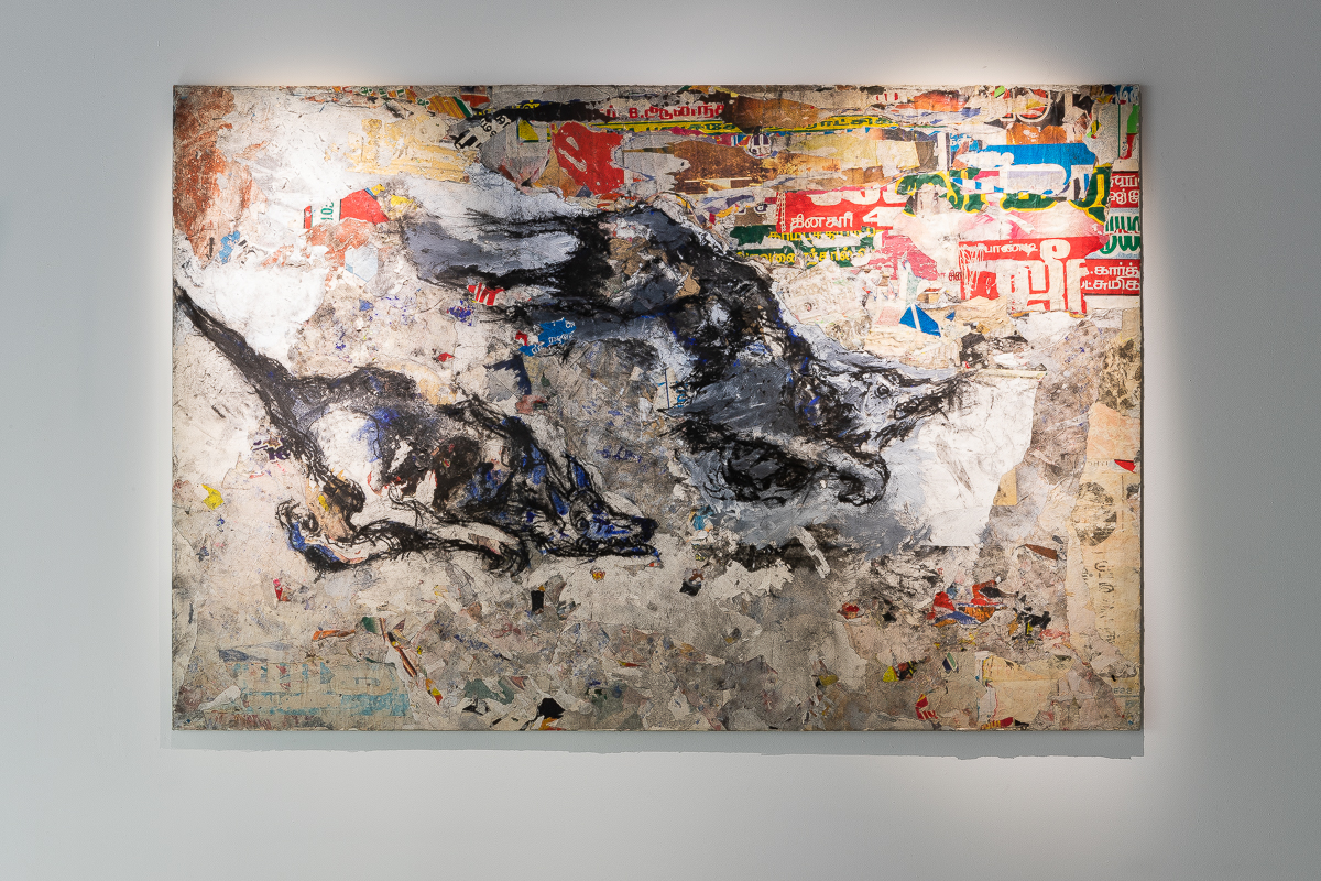 La fuite I, 2005, Huile et collage sur toile 130 x 197 cm