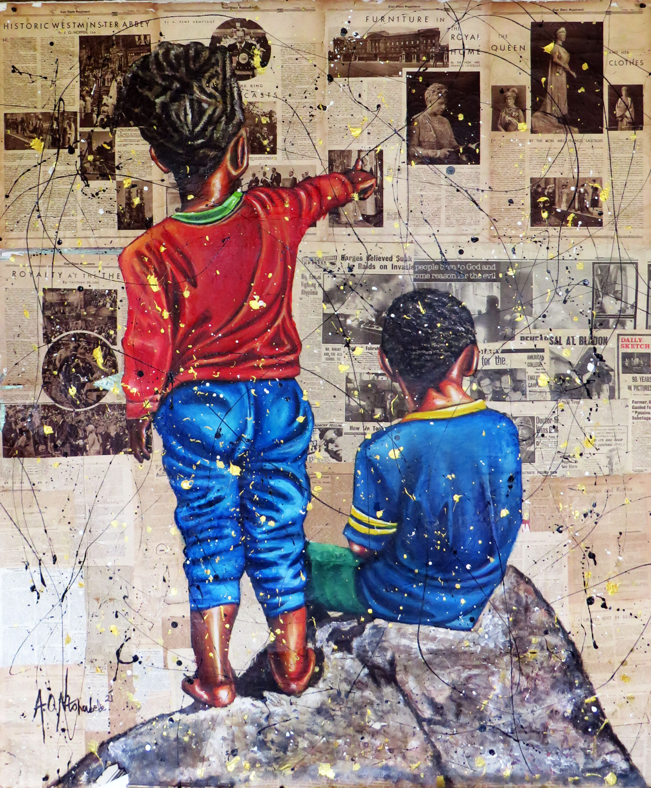 Encounters 10, 2021, Acrylique et laque sur papier journaux, 140 x 134 cm