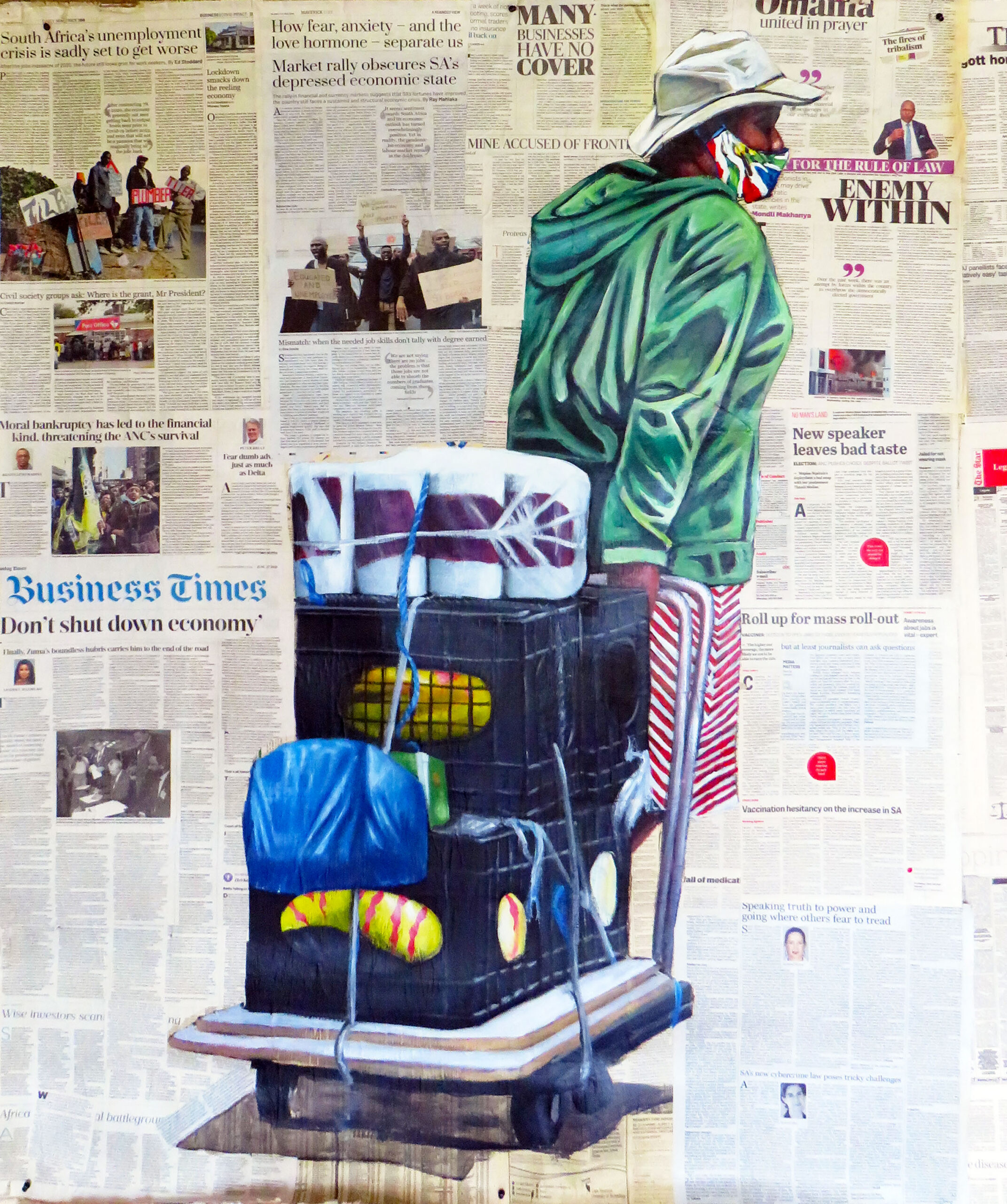 There is a shaking in society 16, 2021, Acrylique et laque sur papier journaux, 160 x 130 cm