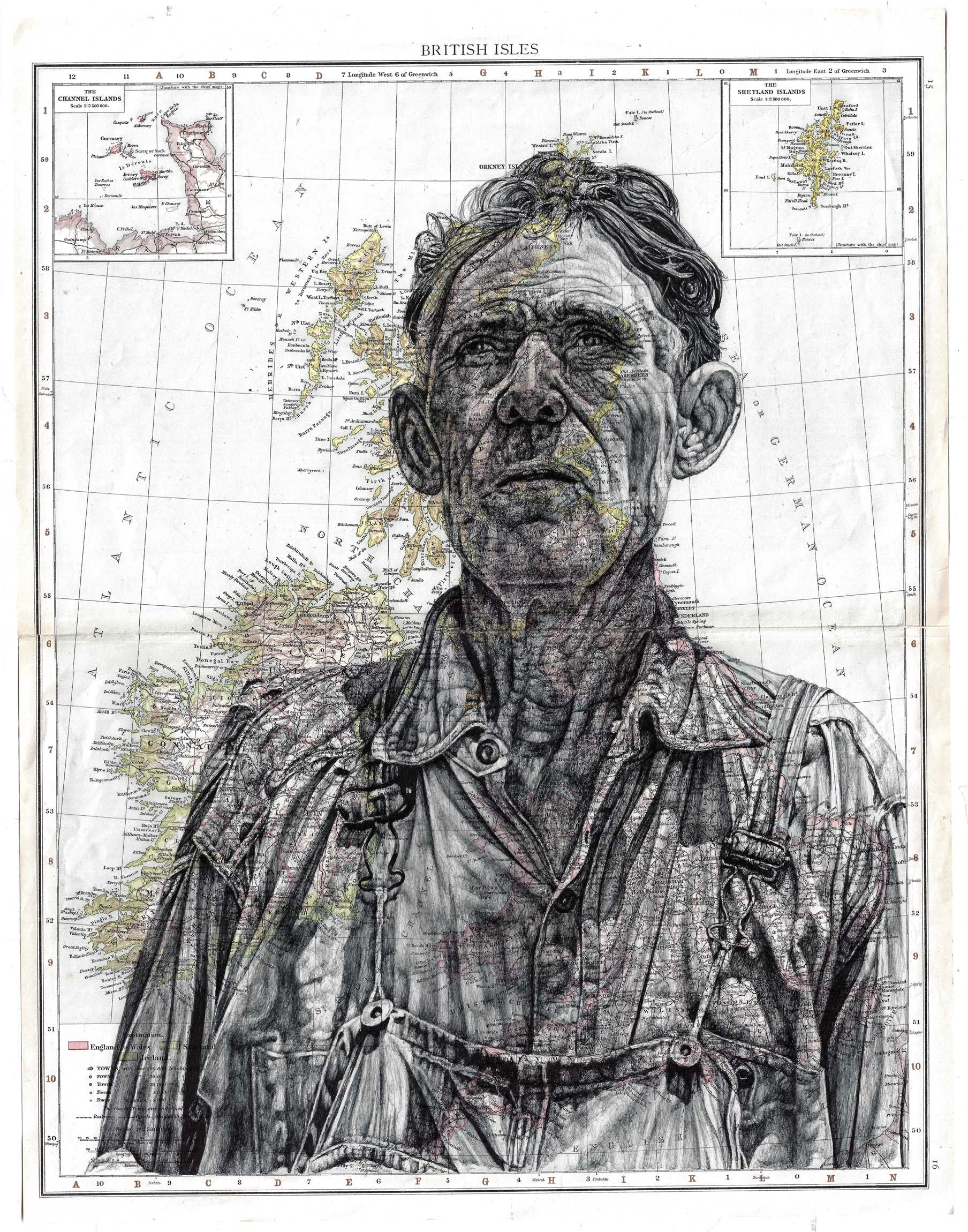 From hut to house through calluses, 2023, Dessin au stylo à bille sur une ancienne carte des îles britanniques, 38,5 x 50 cm