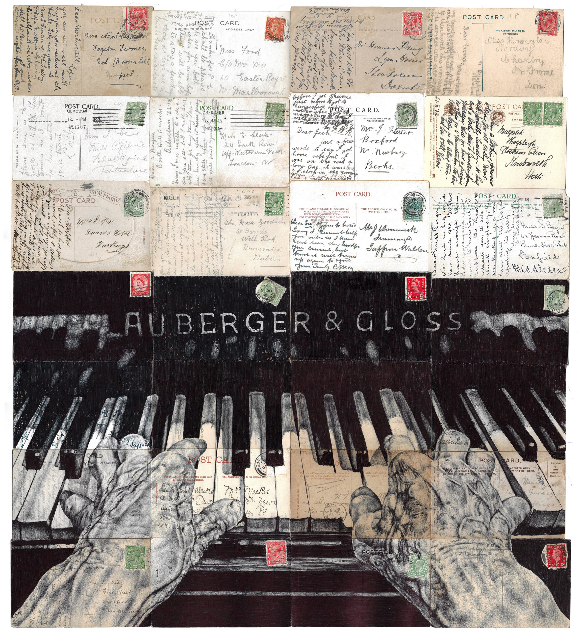 Heartstrings are ear drums, 2022, Dessin au stylo à bille sur une collection d’anciennes cartes postales, 55 x 61,5 cm