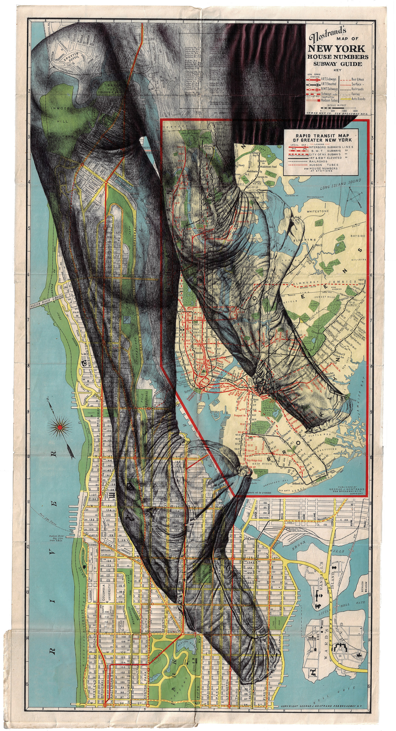 Never sleep and keep dancing, 2022, Dessin au stylo à bille sur une ancienne carte de New York, 42,5 x 81,5 cm