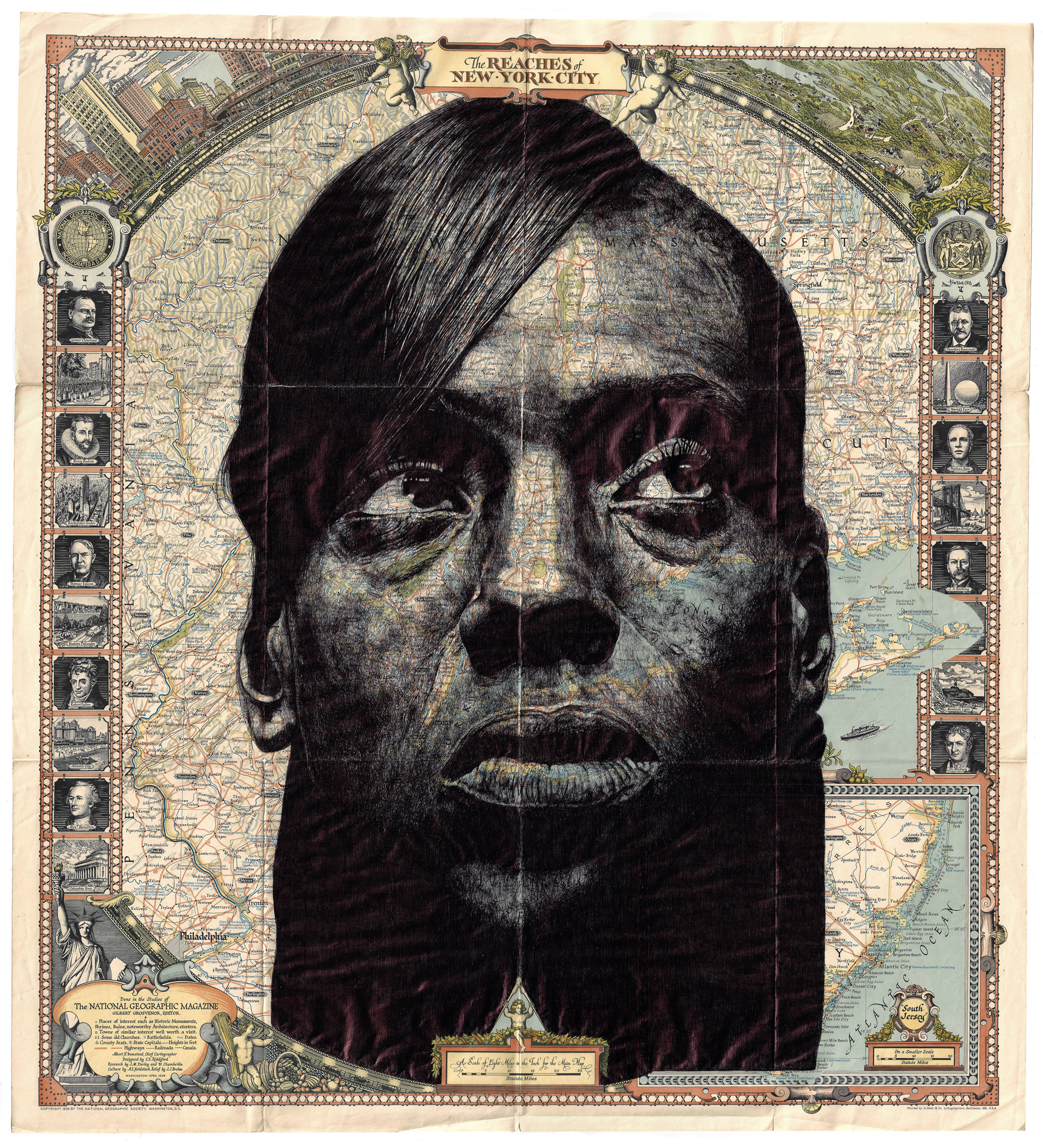 The greatest city, 2022, Dessin au stylo à bille sur une ancienne carte de 1939, 74 x 67 cm