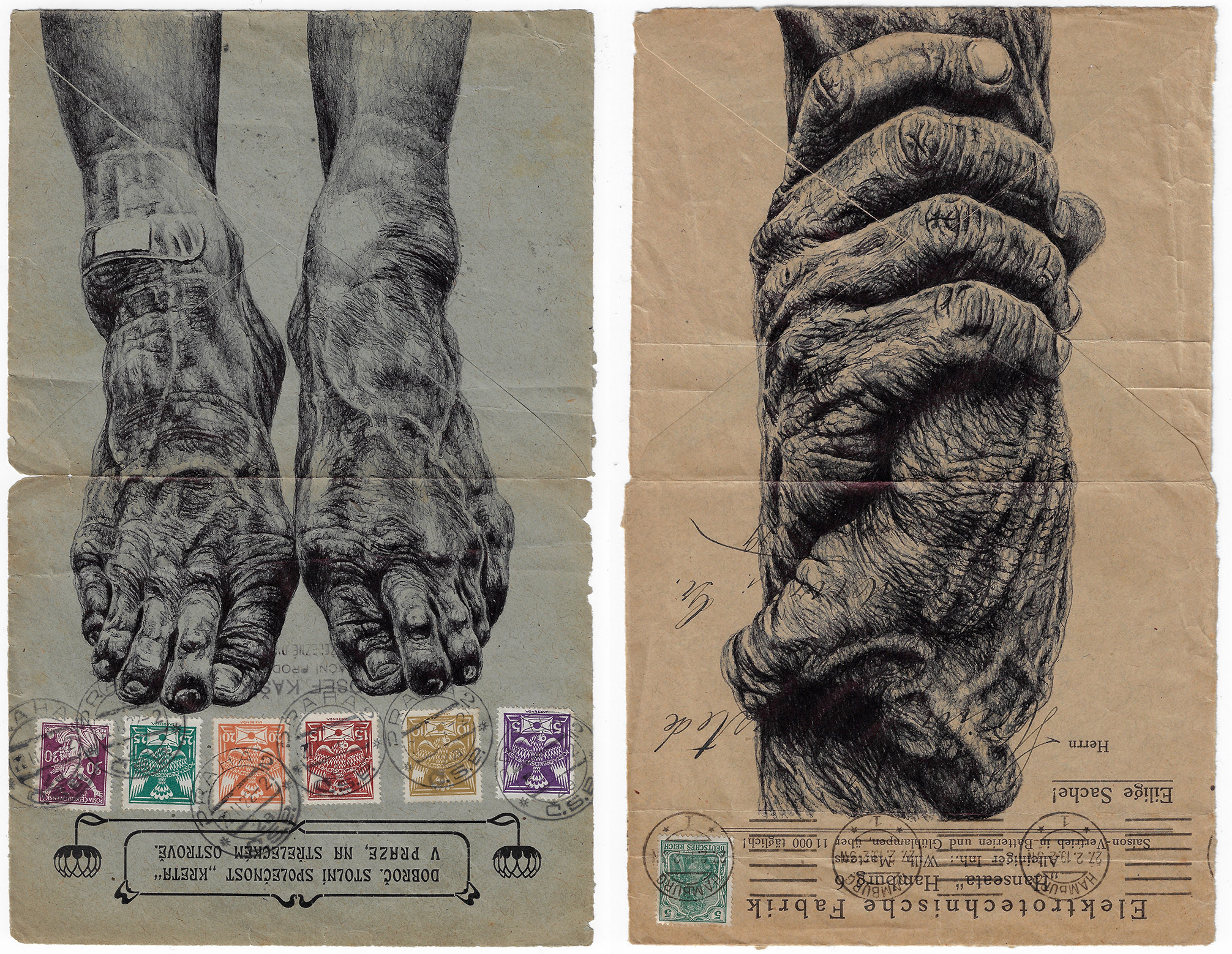 The first dance, 2023, Dessin au stylo à bille sur des anciennes enveloppes, 27 x 17 cm chacun