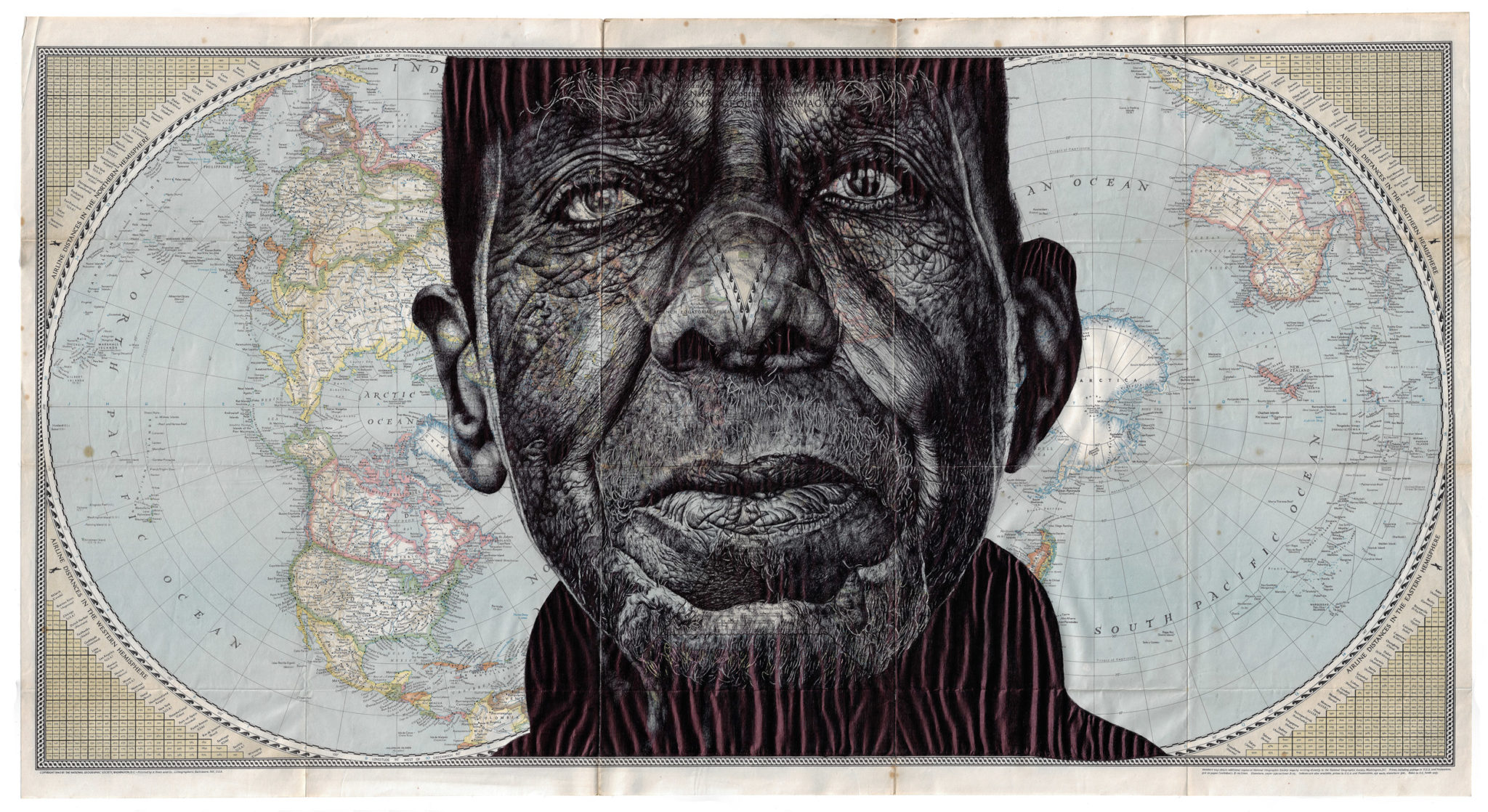 From one path, 2023, Dessin au stylo à bille sur une ancienne carte, 58 x 105 cm