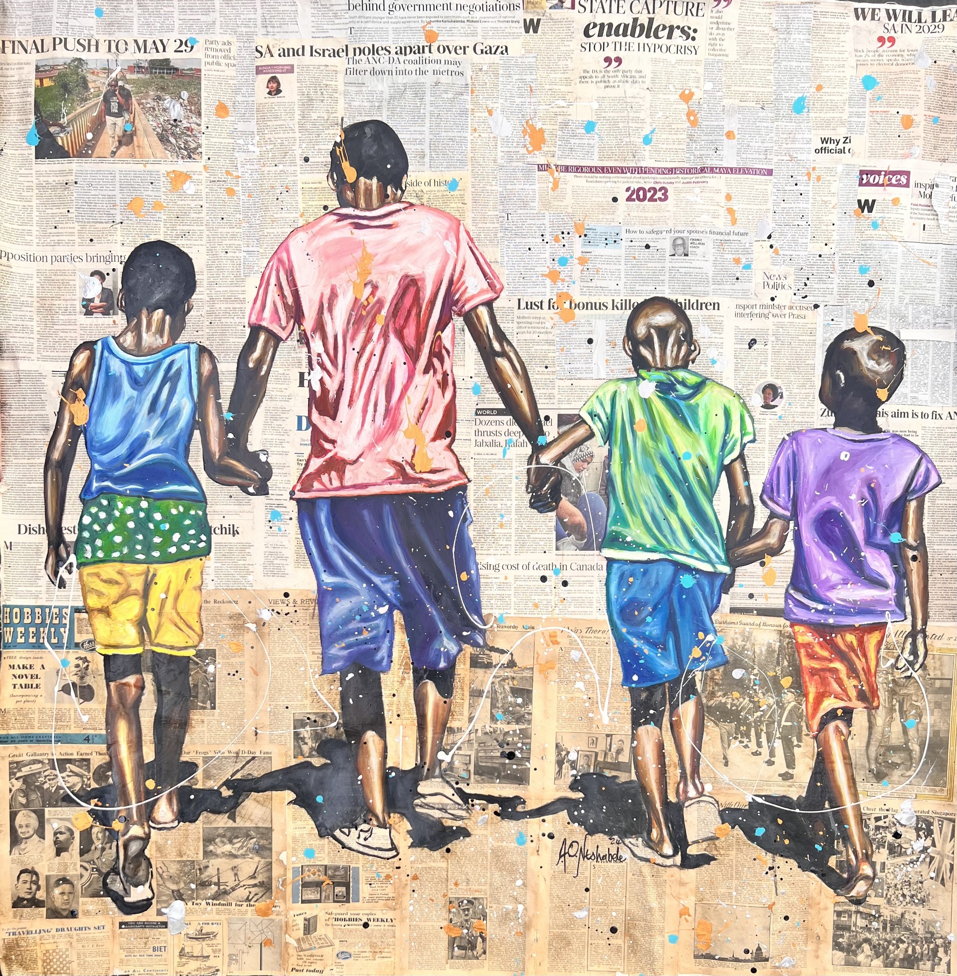 Silent Companions, 2024, Huile, acrylique et émaux sur divers documents, 150 x 150 cm | © Andrew Ntshabele