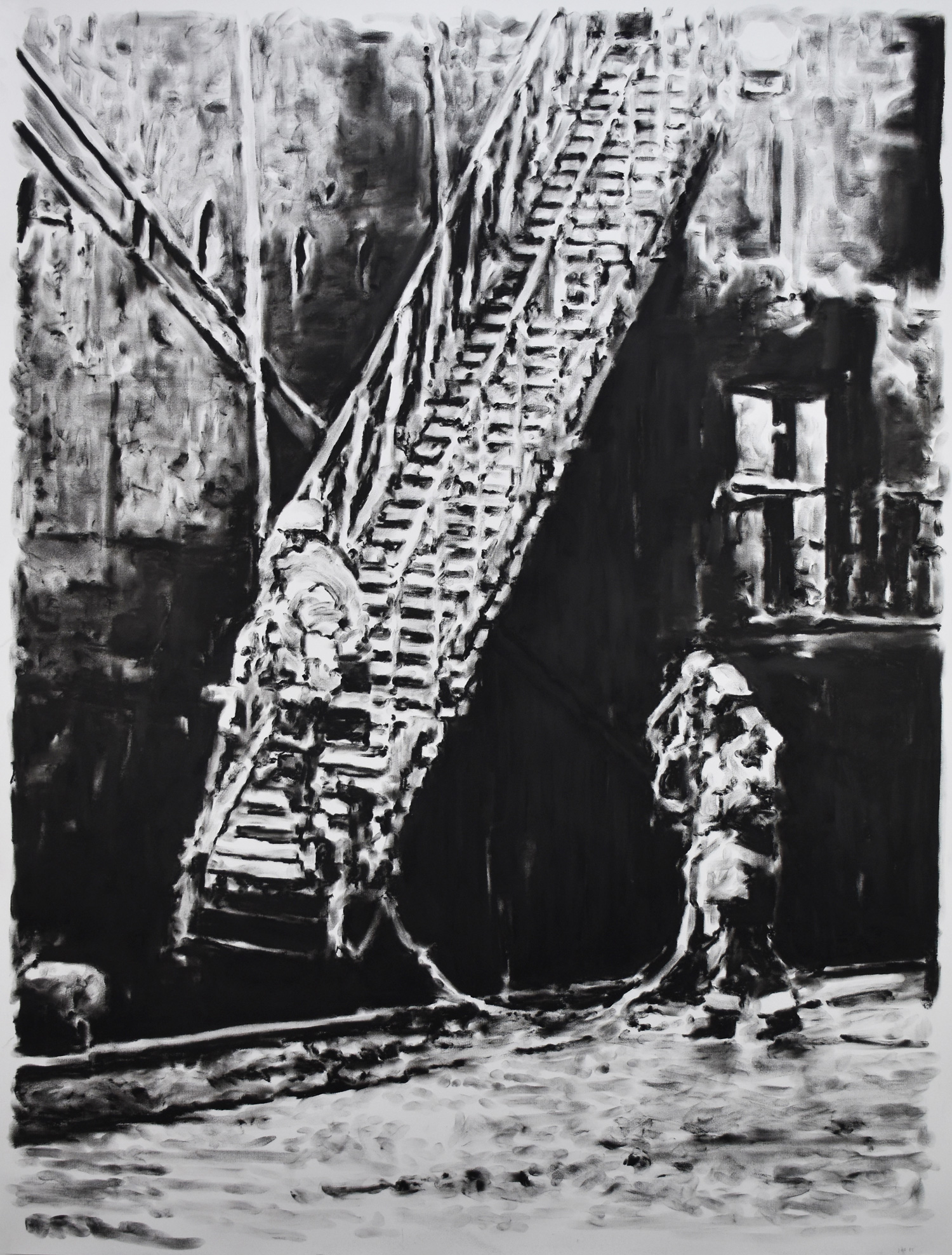 Preparing the gangway II, 2025, Fusain sur papier, 150 x 115 cm | ©Studio23 ©Joren Van Acker