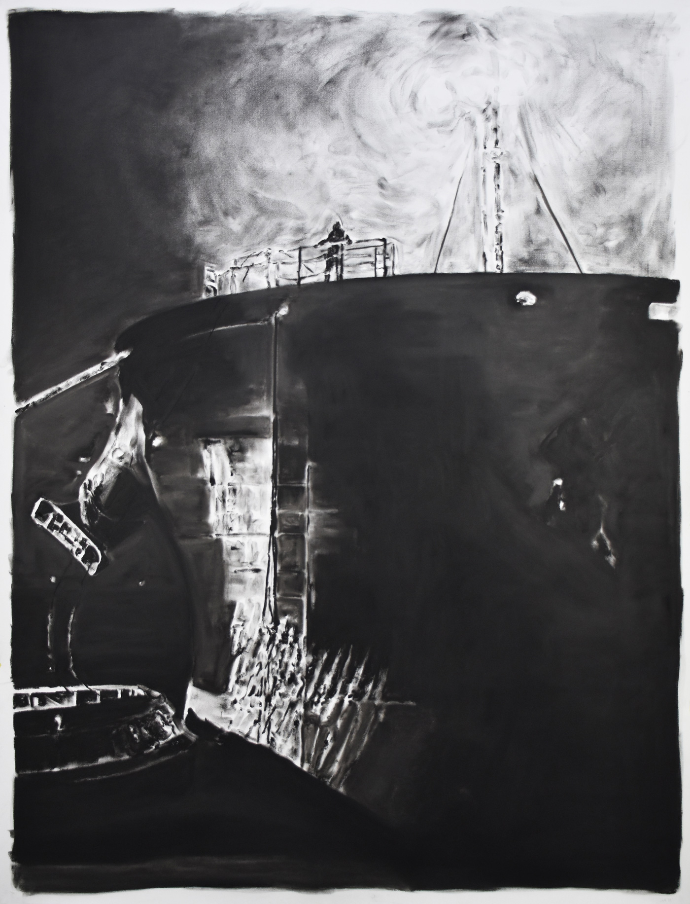 Securing the tugline, 2025, Fusain sur papier, 150 x 115 cm | ©Studio23 ©Joren Van Acker