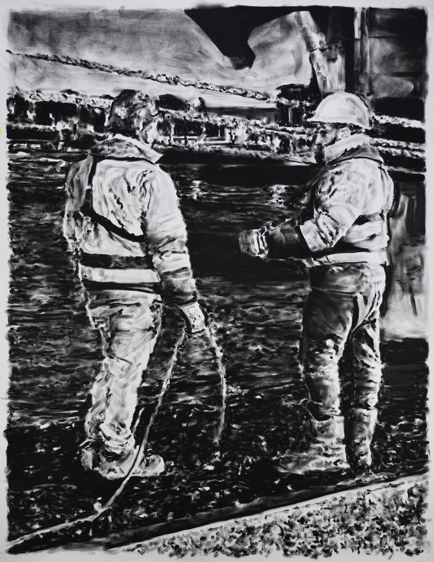 Two linesmen at the quayside, 2025, Fusain sur papier, 150 x 115 cm | © Studio23 © Joren Van Acker