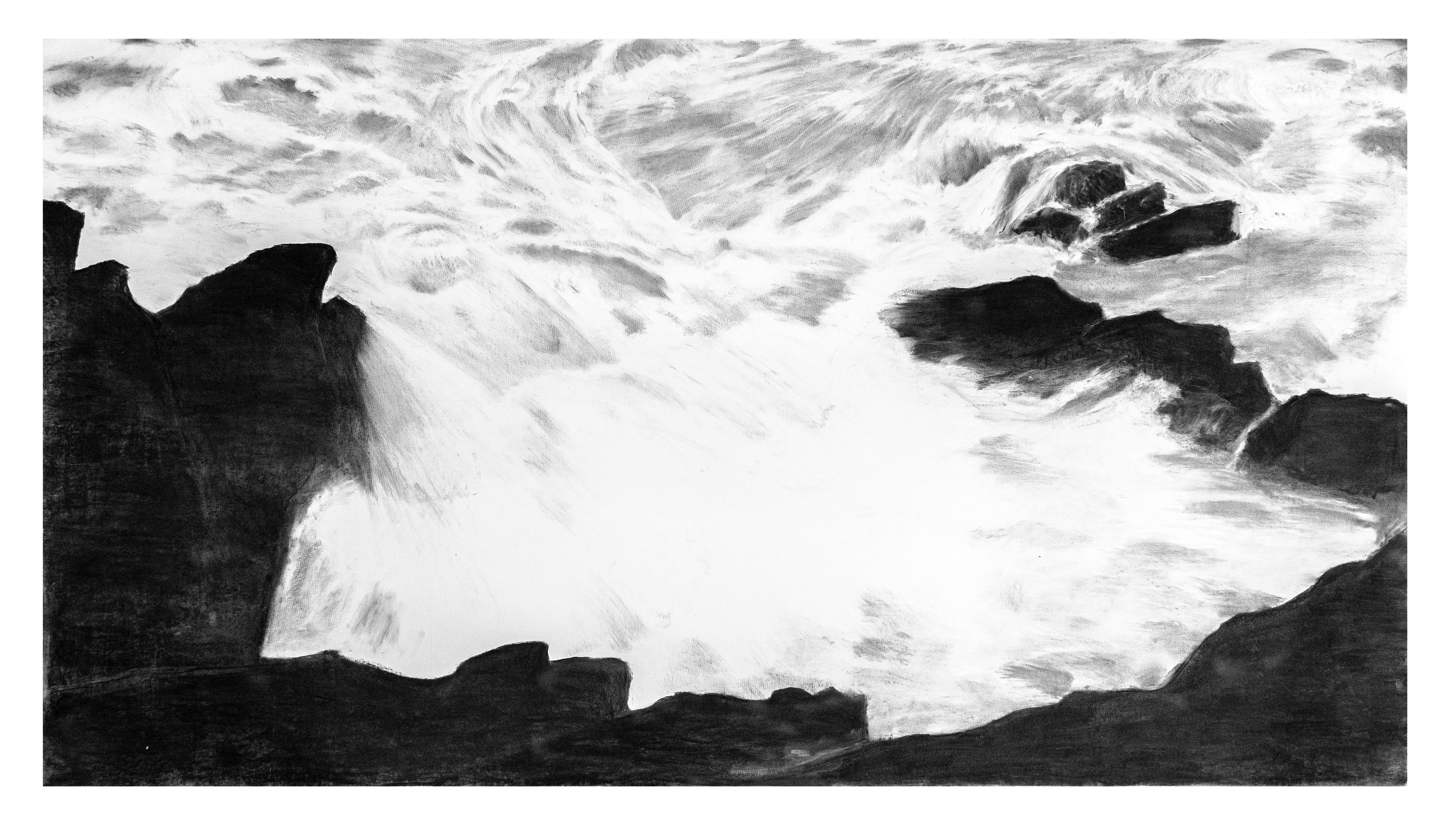 Vague, 2023, Fusain sur papier, 200 x 150 cm